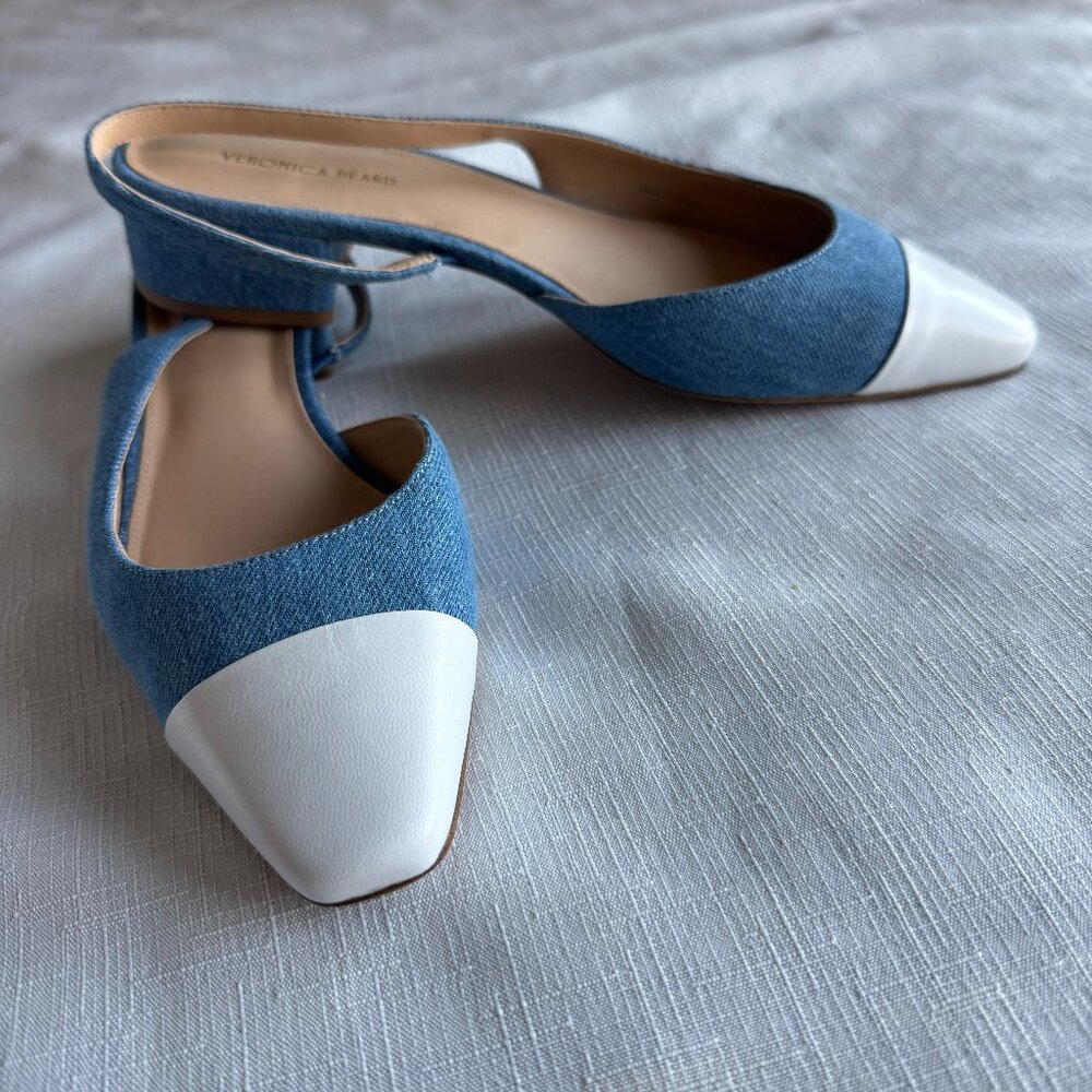 Veronica Beard Cecile Sling Flats Denim with white leather toe cap